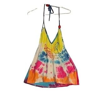 FRESH KARMA Tie Dye Halter Top Rainbow Peace Sign rare sexy Festival Hippie Boho